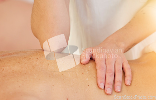 Image of Masseuse, woman and massage a back in spa, relax and peace with acupressure. Luxury wellness, spa and salon in retirement, closeup of physical therapy, healing and treatment for detox or self care