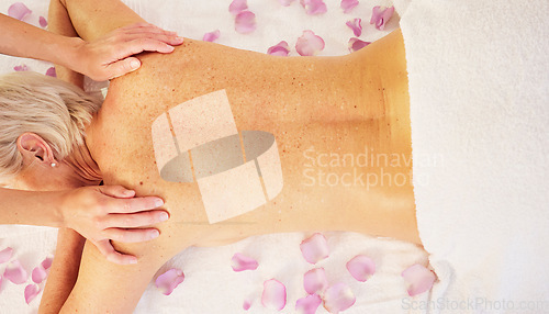 Image of Senior woman, hands of masseuse and back massage with physical therapy at spa, healing and wellness for stress relief. Self care, treatment and skin with top, bodycare and relax at resort with calm