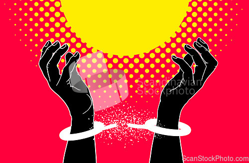 Image of Hands, break cuffs and freedom in illustration, art or strong for human rights, stop oppression or red background. Protest, power and justice for equality, end modern slavery and creativity for peace