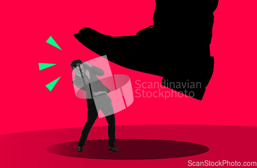 Image of Foot crush man, fear and illustration for art, unfair taxes and corporate oppression by red background. Business owner, entrepreneur and pressure for compliance, shoes stomp or creativity with danger