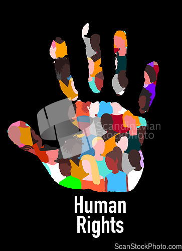 Image of Palm, human rights and art with color, diversity and creative for equality by black background. Illustration, support and group with hand overlay for racism, justice or opinion for promotion of peace