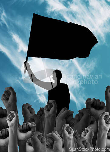 Image of Hands, fist and freedom, human rights activism and flag with silhouette of person, graphic or illustration for equality. Political movement, feminism or empowerment with rally, protest and solidarity