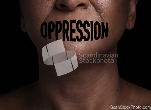 Image of Woman, mouth and silence for oppression, closeup and text overlay for human rights by black background. Person, cover lips and stop freedom of speech, voice and danger for justice, abuse or warning