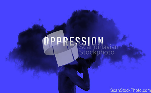 Image of Oppression, cloud and pain of man with heavy burden, carrying weight or struggle of abuse on a blue background. Challenge, pressure and person fighting for human rights, equality and freedom
