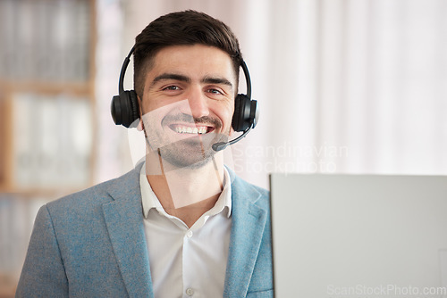 Image of Portrait, businessman and smile in happiness with headset for job, customer support or telecom in office. Caucasian, person and employee with joy on face for work in call centre sales or help desk