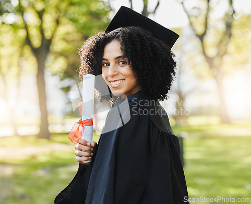 Image of Graduation, portrait of woman and smile with diploma to celebrate event, education and college scholarship outdoor. Happy university graduate with certificate, award and certified achievement in park