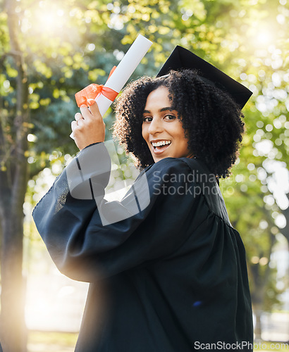 Image of Graduate, certificate and portrait of happy woman celebrate success, education and college degree outdoor. University graduation, diploma and celebration of award, achievement and event in garden