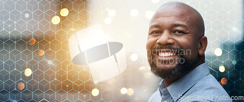 Image of Portrait, businessman and smile for mockup on banner, bokeh and overlay in closeup for digital marketing. African, mature and person for career, startup or vision for social media, web or online