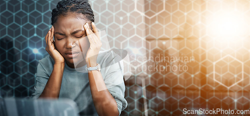 Image of Woman, headache and overlay with stress for connectivity, network and internet problem with bokeh. Black person, information technology and online with work, migraine and burnout with anxiety