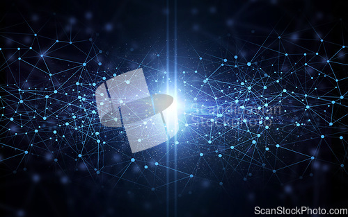 Image of Light, black background and space network with galaxy and pattern graphic with vortex wallpaper. Star, dark and glow with spark and astral glow with blue shine, hologram and art with digital render