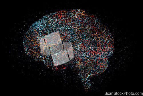 Image of Brain graphic, neon neuro pattern and digital illustration with science hologram and mind connections. Black background and neuroscience pathway of intelligence, anatomy system and cerebral lines