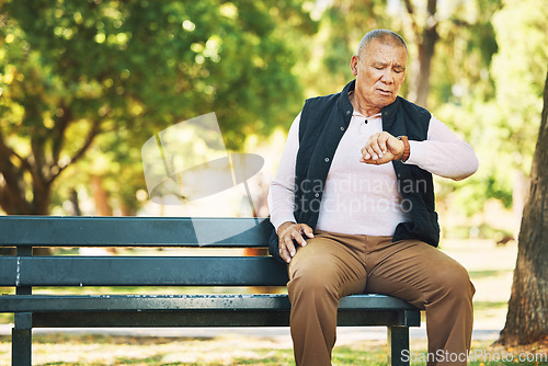 Image of Check, watch and senior man outdoor in nature, park or planning activity in retirement schedule. Reading, time and elderly person sitting on bench in woods, environment or forest with technology