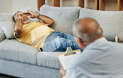 Image of Old man, psychologist consulting and sofa with anxiety stress or mental health, frustrated or depressed. Elderly person, therapist and support or helping advice, talking or results, problem or sad