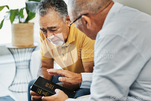 Image of Men, home and bible with counselling on faith, worship and prayer with pastor, church or christ. Elderly men, diversity and spiritual guidance for grief with loss and depression with hope in jesus