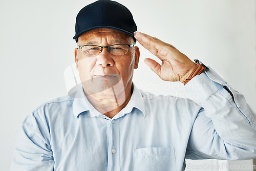 Image of Old man, salute and portrait for veteran soldier on white background for gratitude, pride or respect. Elderly male, army hero power and military or hand gesture for patriotic courage, war or service