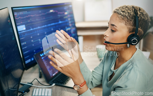 Image of Woman, trading and callcenter, computer screen and finance advice, financial investment and communication. Headset, microphone and phone call, help desk consultant for stock market and dashboard