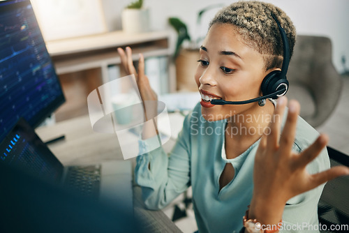 Image of Woman, trading and callcenter, computer and finance advice, financial investment and communication. Headset, mic and phone call conversation, help desk consultant for stock market and dashboard