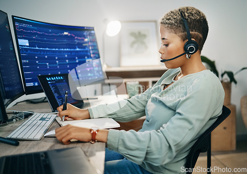 Image of Woman, computer and stock market or notebook in office with smile for finance data, statistics growth or trading. Female, headset and laptop for investment online saving, business or economy