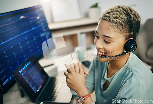 Image of Woman, online trading and call center, finance with advice and computer screen, financial investment and communication. Headset, microphone and business with laptop, agent at desk with stock market