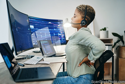 Image of Back pain, call center and woman working on computer with stress, fatigue and overworked in an office with strain. Burnout, tired and telemarketing employee with pressure from crisis or injury