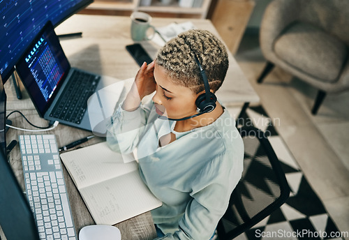 Image of Tired, call center and woman doing trading with stress, fatigue and stock market crash office from above. Pain, headache and telemarketing employee with pressure for finance, error or frustrated