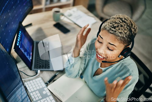 Image of Woman, online trading and call center, computer and finance with advice, top view and excited or data about investment. Headset, mic and business with laptop, agent at desk with stock market