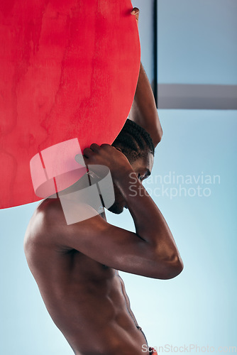 Image of Art, man and body in mockup, creative graphic and red dot for wellness, fitness and health. Male model, bodybuilding and strong by abs, marketing and advertising by blue background, studio and space