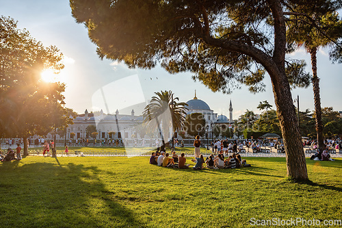 Image of people resting in Sultan Ahmed park Istanbul, Turkey