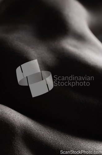 Image of Fitness, man and topless with closeup in studio for wellness, stomach and body on dark background. Person, muscle and bodybuilder with strength, healthy lifestyle and muscles for aesthetic figure