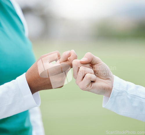 Image of Hands, teamwork and unity with sports people closeup on a field or court for a game of competition. Fitness, deaf and sign language with an athlete team talking at training for planning or strategy