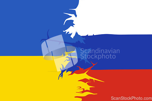 Image of Conflict, Ukraine and Russia flag with crack, politics and battle for security, warzone and freedom. Europe, government and war with sign, illustration and chaos in apocalypse, human rights or safety
