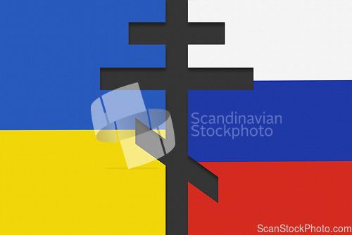 Image of War, Ukraine and Russia with conflict, flag and peace with Russian orthodox cross overlay. Abstract, freedom and country in support for hope of assistance with crisis, power or politics for future