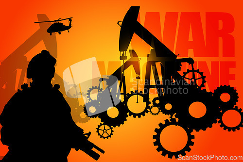 Image of Male, silhouette and drill for oil on background with overlay, armed forces and helicopter with war. Person, man or soldier with rifle for protection, security or power for mission for resources