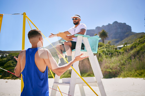 Image of Volleyball, angry referee and man rules in match, competition and sport outdoor. Workout, game and male person with people, frustrated athlete and beach court on sand in summer with notes by ocean