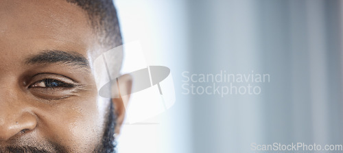 Image of Half face, eye and a black man with mockup for cosmetics, skincare or glow. Banner, happy and a portrait of an African person with space for complexion or dermatology information with a smile