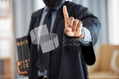 Image of Person, lawyer and finger for rejection gesture in counsel, consultant or advocate in law firm. Attorney, standing in office and warning or tip in case, constitution and legal handbook or legislation