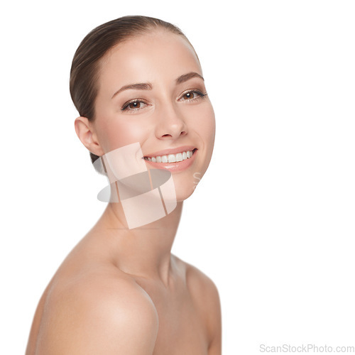 Image of Woman, skincare and studio for dermatology portrait cosmetic or skin clean, spa glow or smile. Female model, happy face or natural beauty self care wellness results, shine hydrate on white background