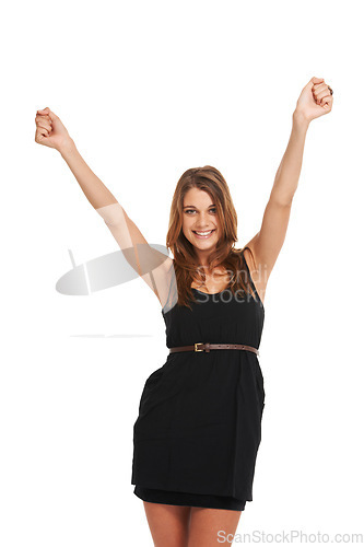 Image of Woman, arms up and celebrate studio fashion smile for promotion branding, winning or excited. Female person, happy cheers and emoji achievement wow advertising, announcement or prize giveaway reward