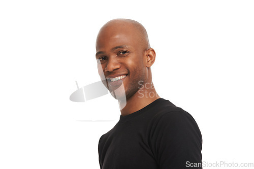 Image of Studio portrait, man and smile with confident pose for about us, isolated and white background. Black model, casual fashion and creative with positive attitude, vision and mindset on future success