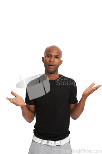 Image of Studio portrait, man and hand gesture in unsure pose for clarity, bald head and isolated white background. Black model, casual fashion and body language in confused with question, doubt or uncertain