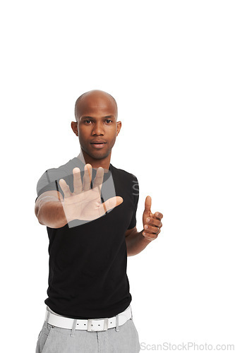 Image of Studio portrait, man and stop gesture with hand for warning, order and threat on white background. Black model, authority pose and body language with attention, protection and protest to decline