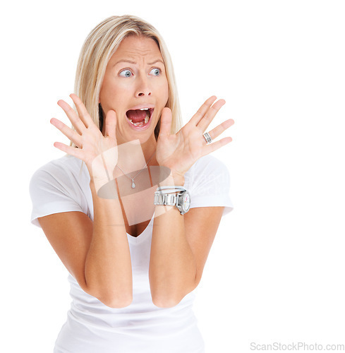 Image of Woman, shocked or scream in studio phobia or scared, omg news emoji or terror. Female model person, horror face or shout danger for anxiety scary announcement or wtf surprise, pain reaction or hands