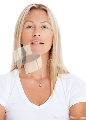 Image of Woman, portrait and studio confident natural beauty casual fashion, tshirt or feminine energy. Female model person, face or pride calm work self care health, self-esteem or inner strength mind think
