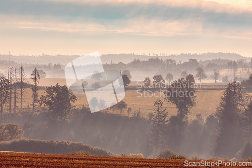 Image of Autumn foggy and misty sunrise landscape