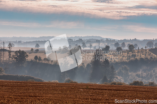 Image of Autumn foggy and misty sunrise landscape