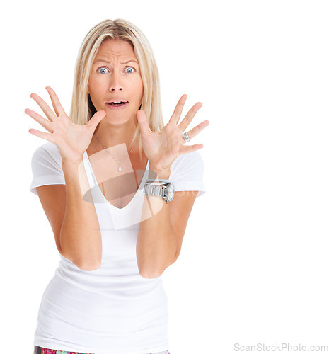 Image of Woman, shocked or scared studio alarm or stress, omg news emoji or terror. Female model person, horror face or shout danger for anxiety scary announcement or wtf surprise, pain reaction or fear risk