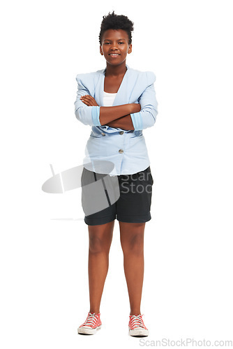 Image of Woman, confident or fashion studio for smile unique trend, happy or good mood. African female person, portrait and blazer clothes for casual cool style, designer outfit or luxury trends for positive