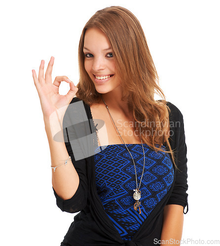 Image of Fashion model, happiness and hand gesture for okay in portrait with fashion aesthetic and agreement or yes. Caucasian woman, close up and trendy in smile in bohemian accessories in white background