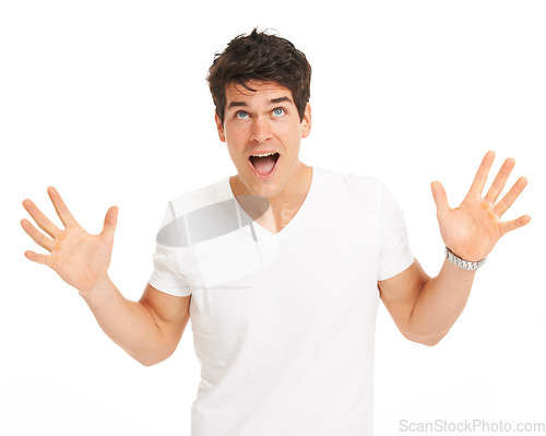 Image of Studio, man and surprise with hands up, excited and mouth open with isolated on white background. Happy person, shocked face and amazing news in mockup for deal, announcement and omg gesture or wtf