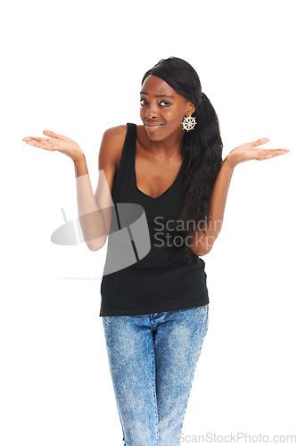 Image of Woman, confused and portrait studio for doubt question decision, choice or marketing why offer. African female, shrug hand gesture or face on white background as emoji, solution or product comparison